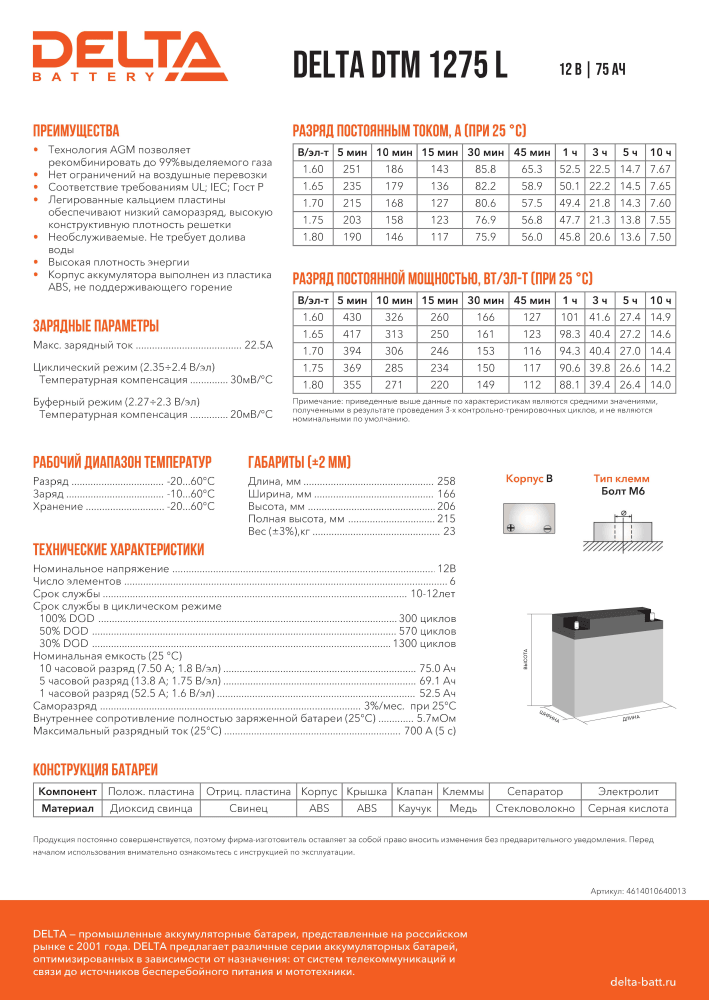 Аккумуляторная батарея DELTA BATTERY DTM 1275 L